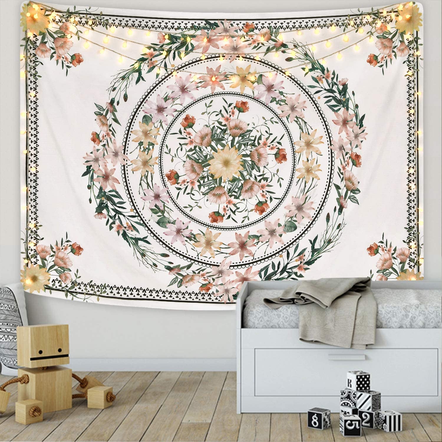 Mandala Tapestry Floral Medallion Tapestry Sketched Flower Plant Tapestry Bohemian Hippie Tapestry for Room (51.2 X 59.1 Inches)