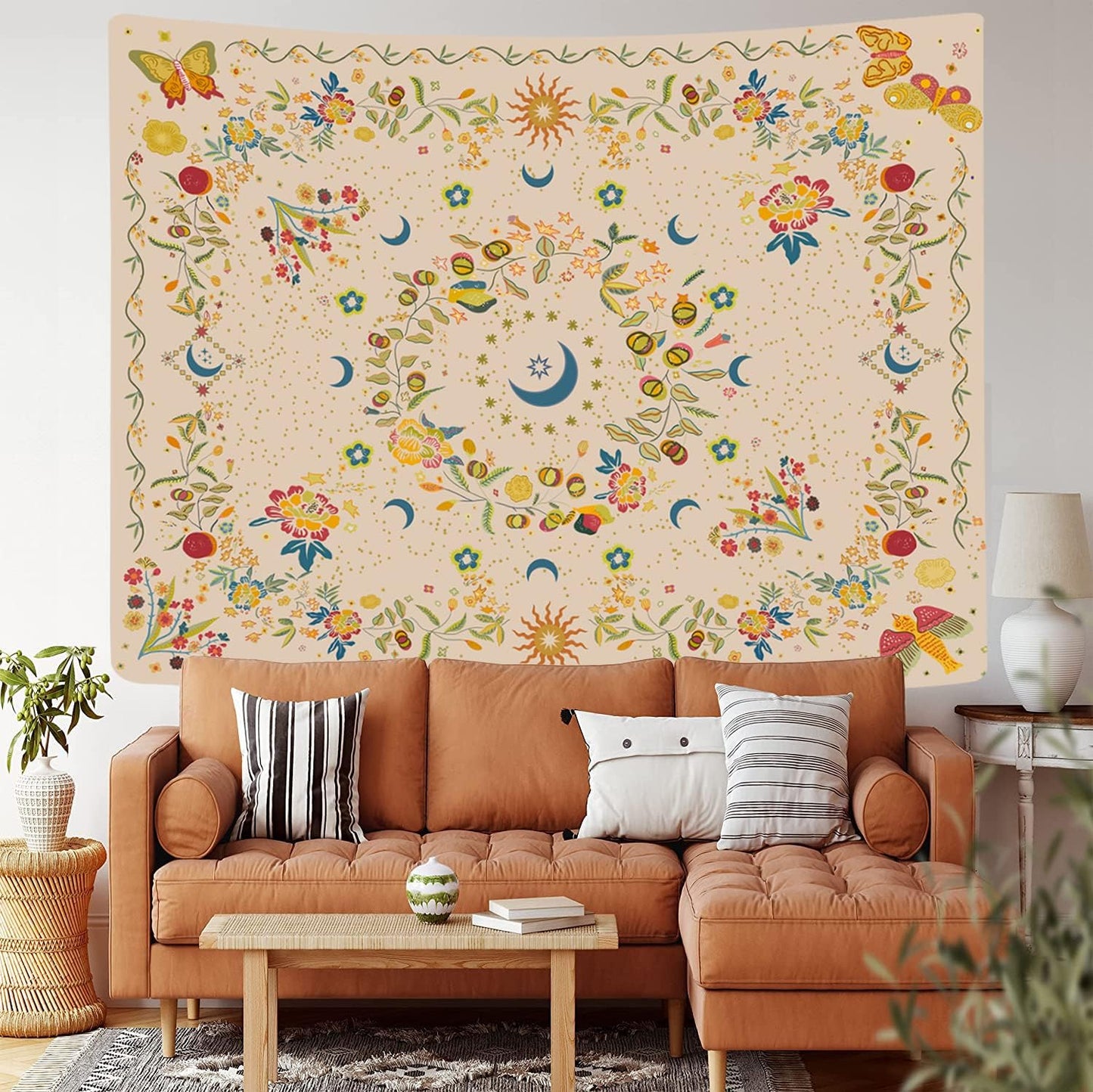 Wall Tapestry - Bohemian Floral Vine Wall Hanging Celestial Sun Moon and Star Tapestry for Hippie Home Decor - Bedroom Aesthetic (Butterfly Beige, Medium (50X 60))