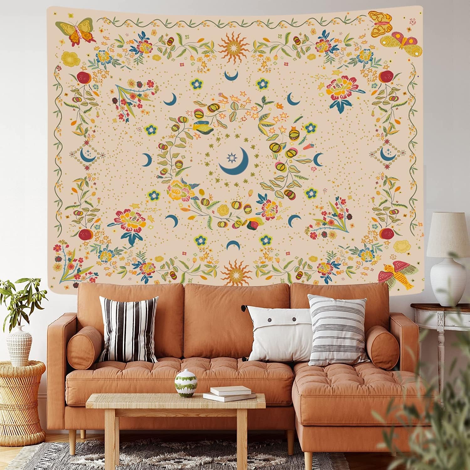 Wall Tapestry - Bohemian Floral Vine Wall Hanging Celestial Sun Moon and Star Tapestry for Hippie Home Decor - Bedroom Aesthetic (Butterfly Beige, Medium (50X 60))