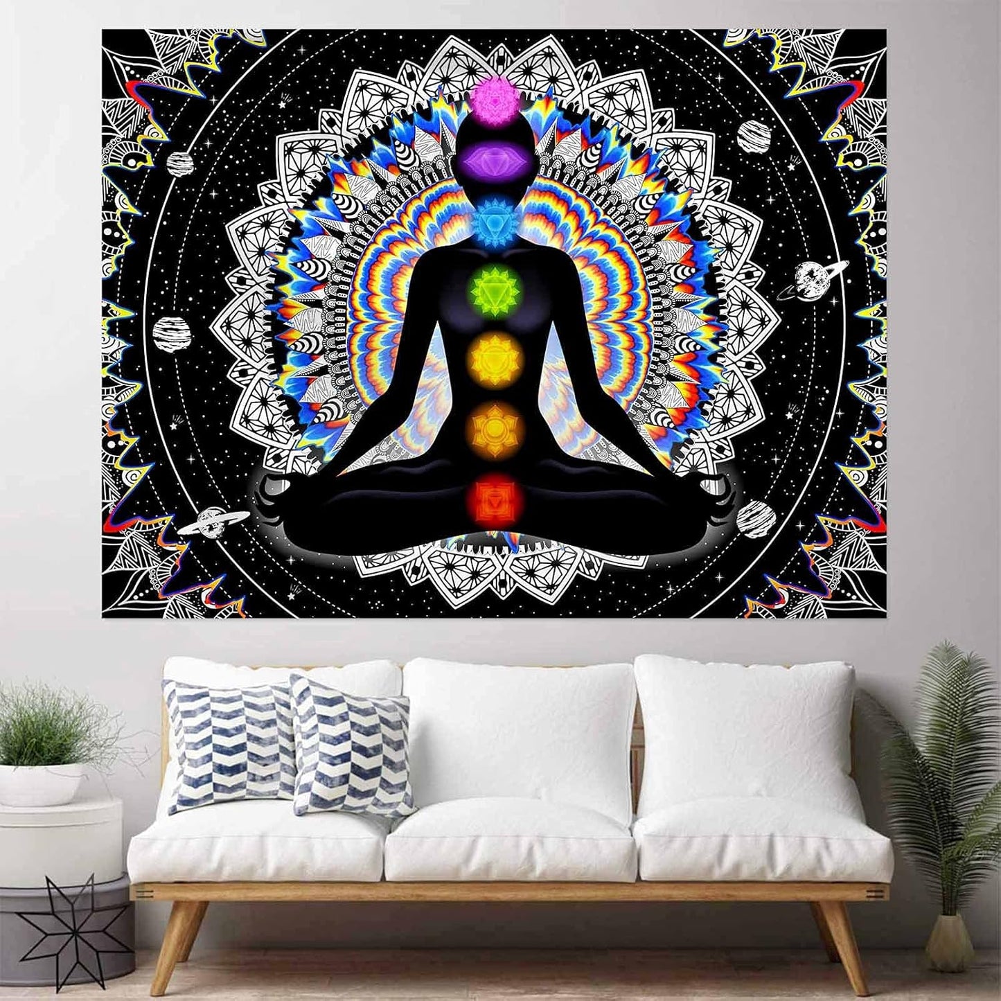 Seven Chakra Tapestry Mandala Tapestry Trippy Black and White Tapestry Celestial Space Tapestry Boho Yoga Meditation Wall Hanging Tapestry for Bedroom Home Decor (H59.1 X W82.7)