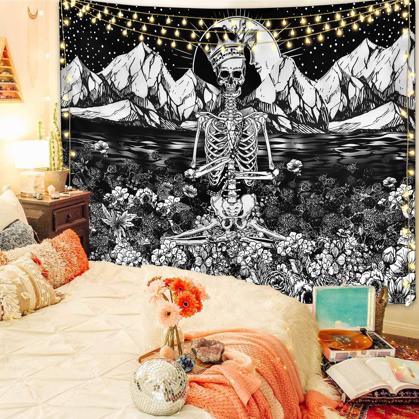 Lyacmy Skull Tapestry Meditation Skeleton Tapestry Flower Tapestry Mountain Tapestry Moon and Star Tapestry Starry Night Sky Tapestry Black and White Tarot Tapestry for Room (51.2 X 59.1 Inches)