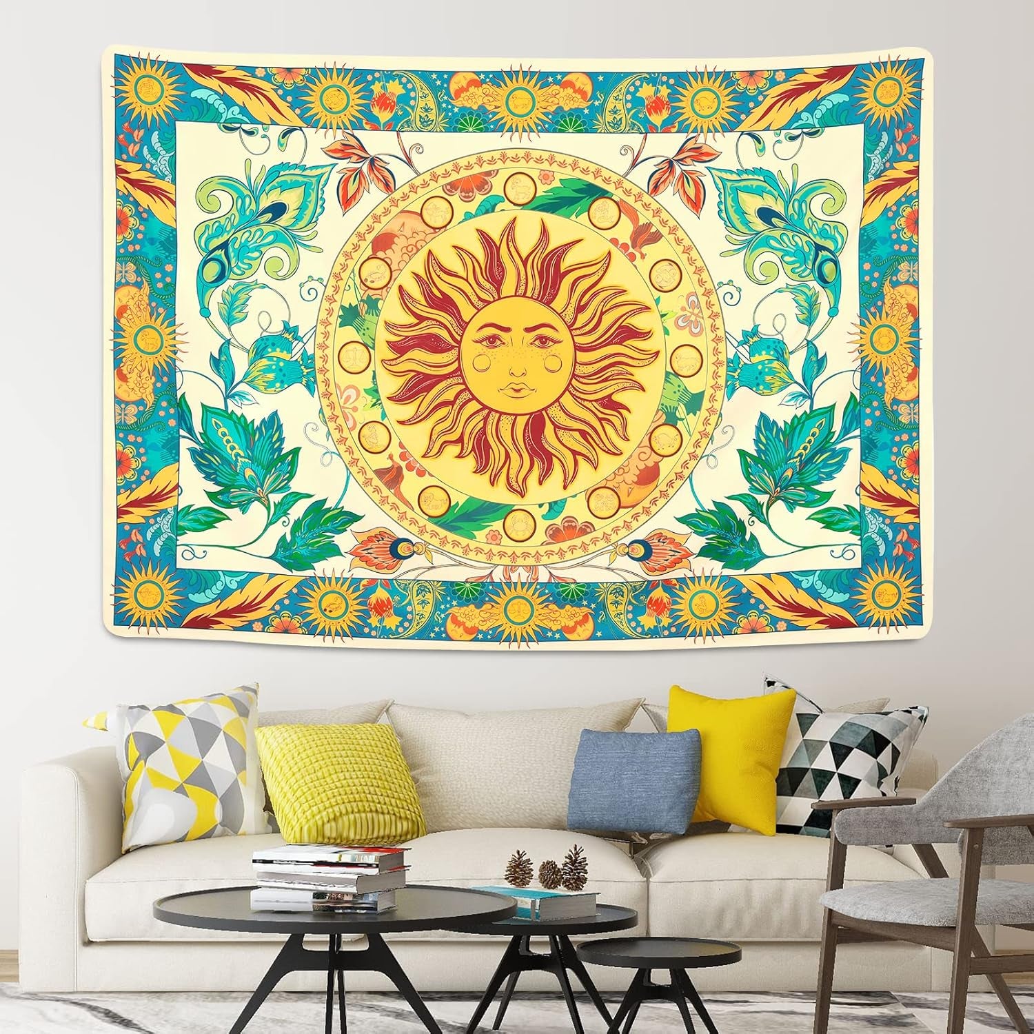 Lyacmy Burning Sun Tapestry Flower Vines Tapestries Vintage Floral Tapestry Mystic Tapestry Hippie Tapestry Wall Hanging for Room (Green, 51.2 X 59.1 Inches)