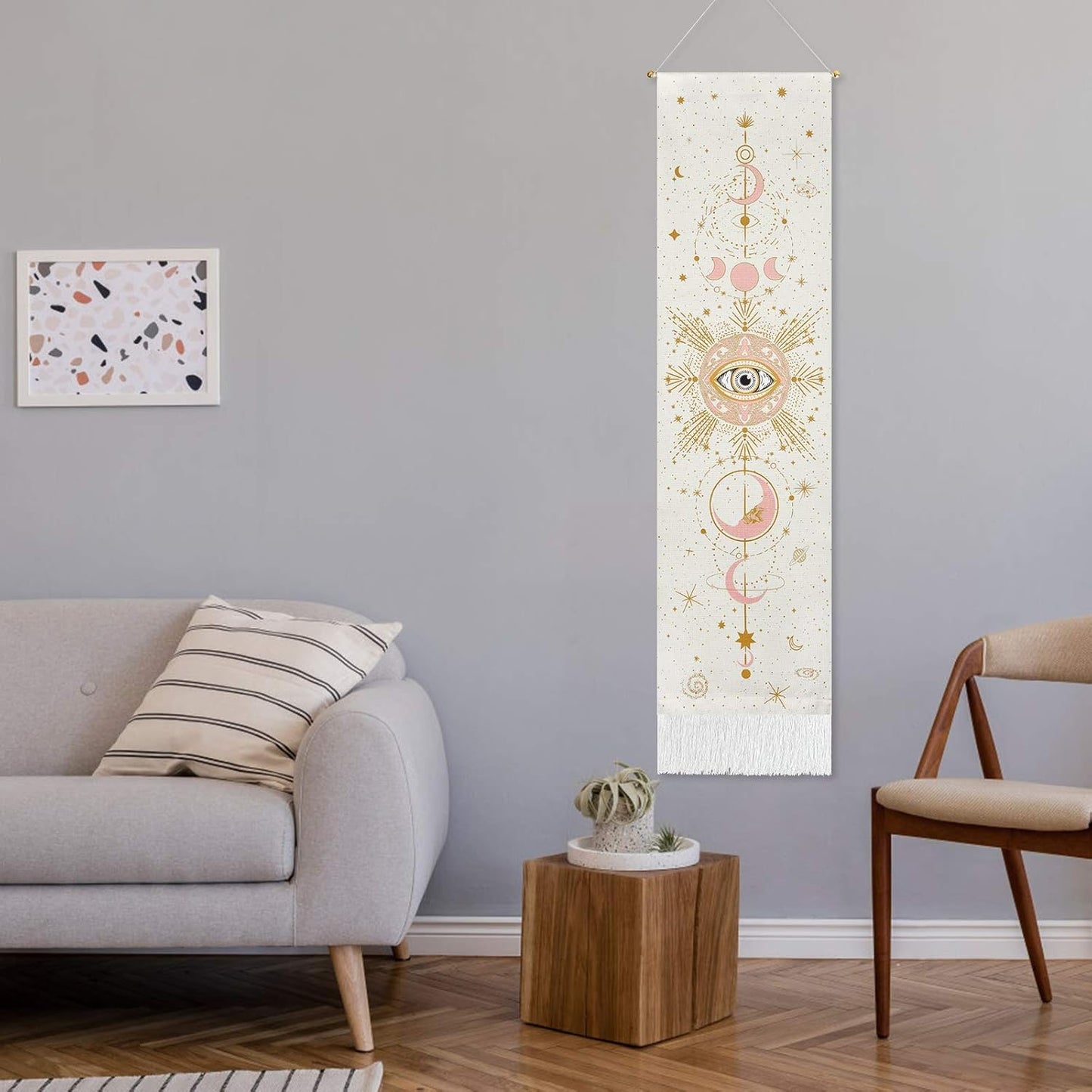 Moon Tapestry Moon Phase Tapestry Starry Sky Tapestry Celestial Galaxy Tapestry Bohemian Constellation Tapestry Wall Hanging for Room（White, 12.8 X 51.2 Inches）