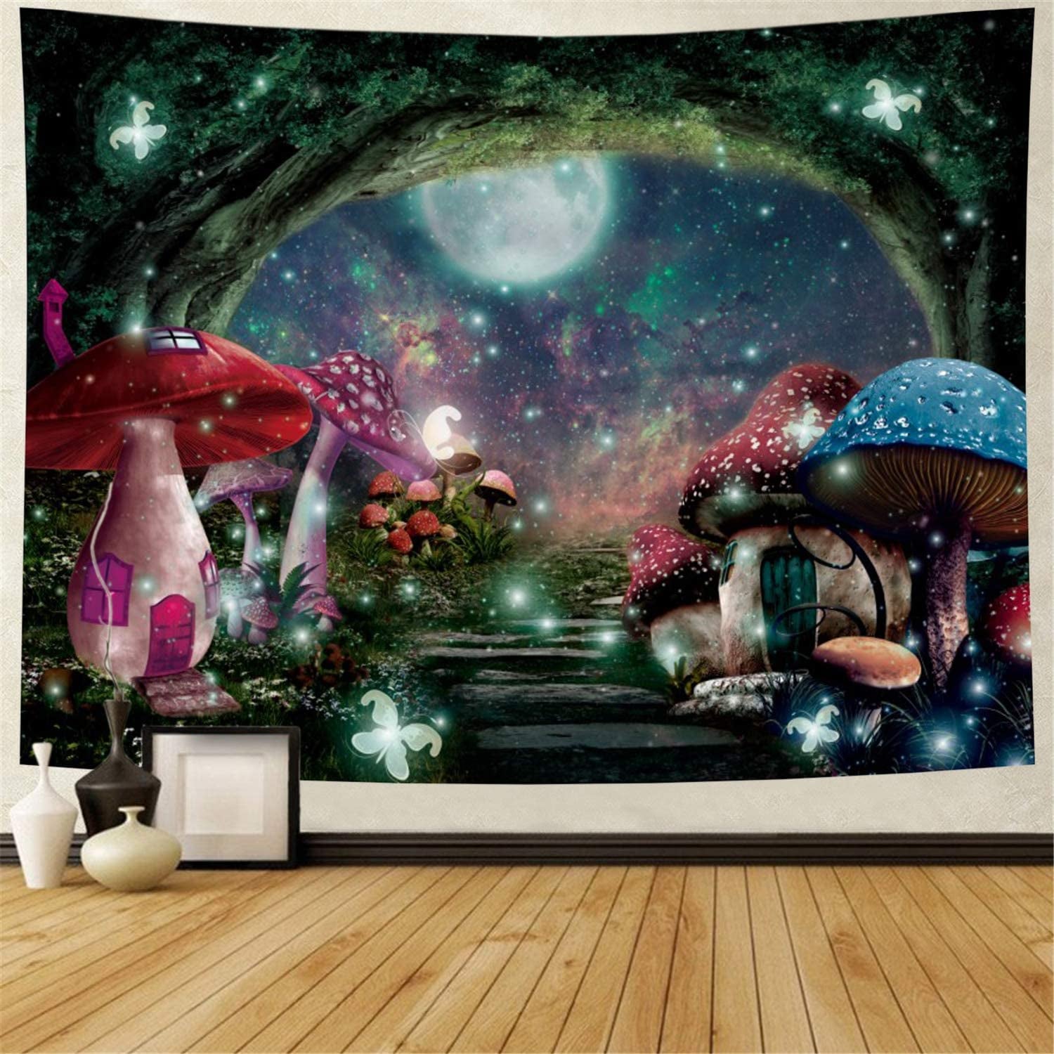 Psychedelic Mushroom Castle Tapestry Galaxy Moon Stars Tapestry Mysterious Forest Tree Tapestry Fantasy Fairy Tale Tapestry Wall Hanging for Bedroom