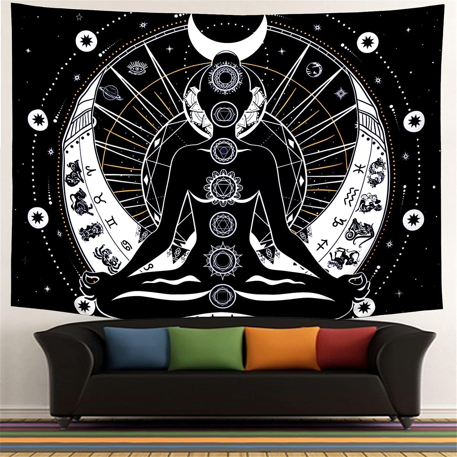 Chakra Tapestry Black and White Sun Moon Tapestry Psychedelic Meditation Yoga Tapestry Mystic Constellation and Stars Tapestry Wall Hanging for Living Room