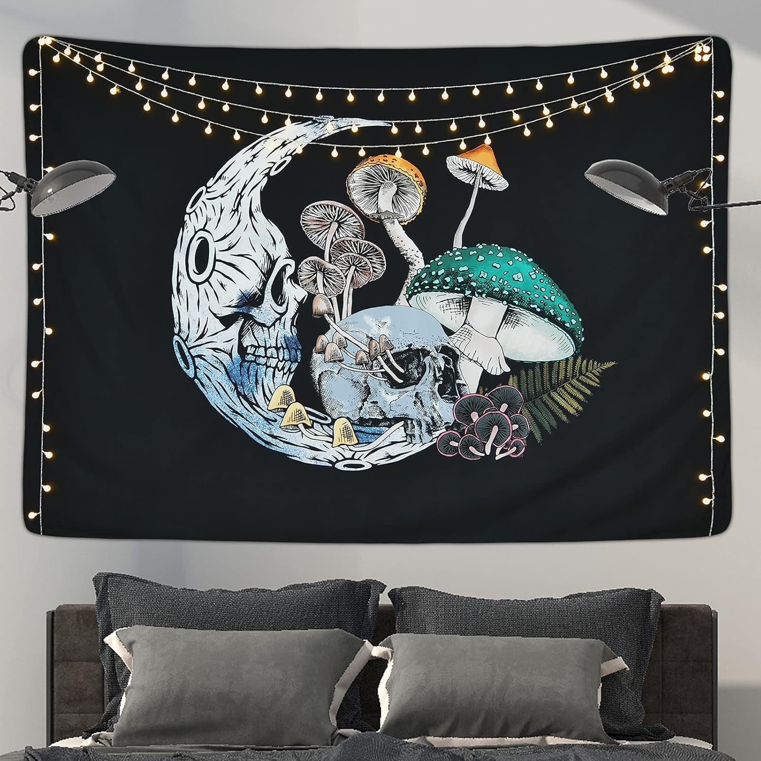 Skull Moon Tapestry Mushroom Tapestry Colorful Mushroom Tapestry Skeleton Tapestry Fugus Black Background Tapestry for Room (51.2 X 59.1 Inches)