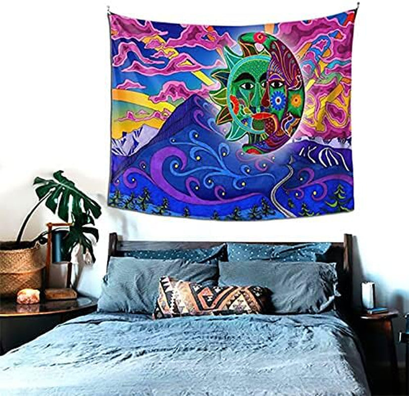 Purple Wall Hanging Tapestry Aesthetic for Bedroom Decor Indie Tapestry Sun and Moon Trippy Tapestry for Room Decor Mountain Cloud Sunrise Small Tapesty 59X51 Inch, 59 X 51 In