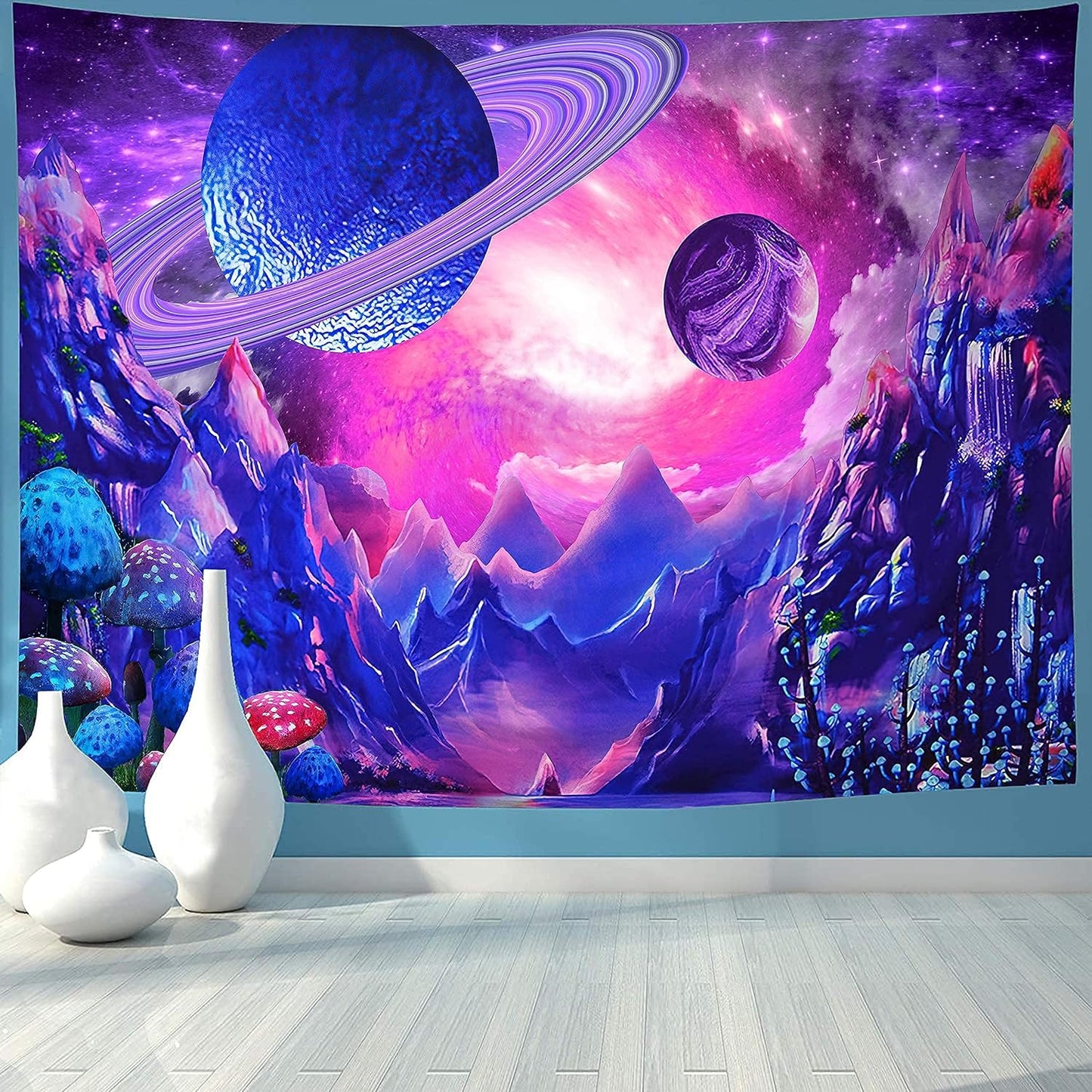 Space Tapestry Trippy Planet Tapestry Psychedelic Mushroom Tapestry Fantasy Galaxy Tapestry Mountain Tapestry Wall Hanging for Bedroom Home Decor (H70.8"×W92.5", Space Tapestry)