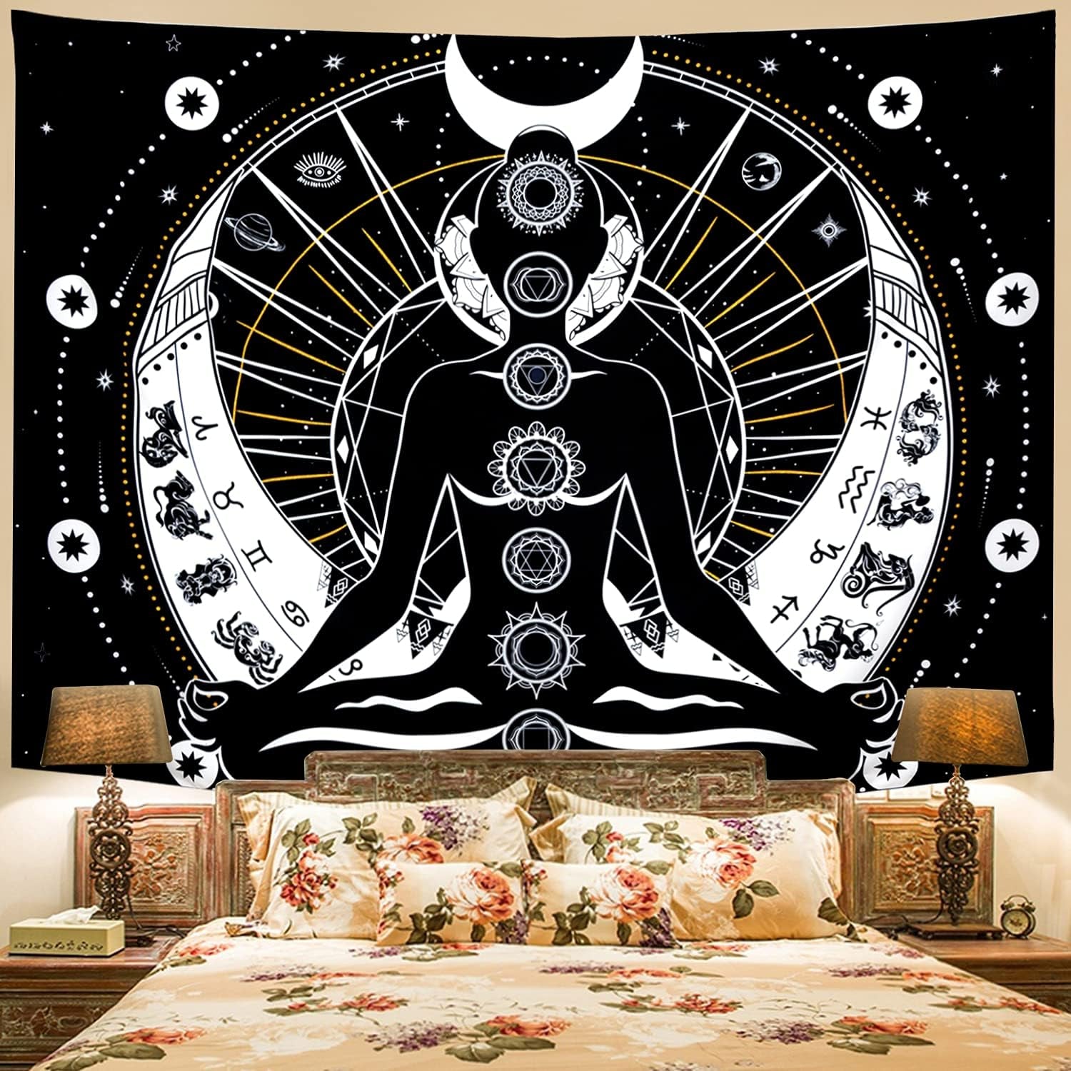 Chakra Tapestry Black and White Sun Moon Tapestry Psychedelic Meditation Yoga Tapestry Mystic Constellation and Stars Tapestry Wall Hanging for Living Room