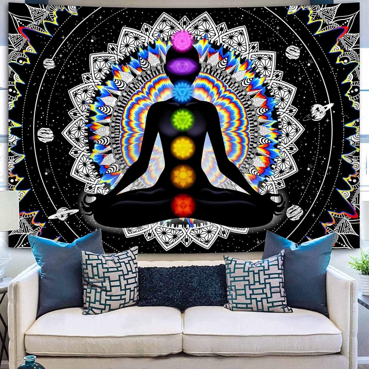 Seven Chakra Tapestry Mandala Tapestry Trippy Black and White Tapestry Celestial Space Tapestry Boho Yoga Meditation Wall Hanging Tapestry for Bedroom Home Decor (H59.1 X W82.7)