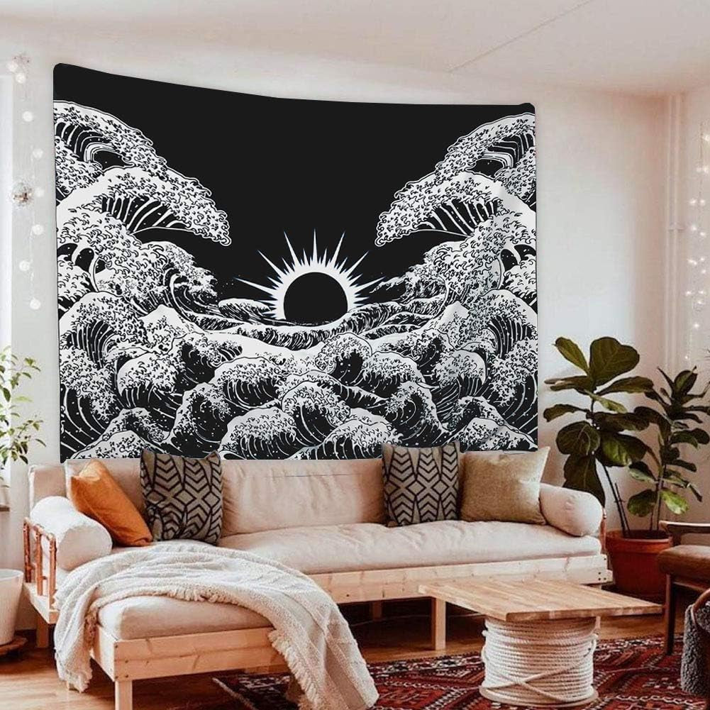 Ocean Wave Tapestry Black and White Tapestry Japanese Tapestry Wall Hanging Great Wave Tapestry for Bedroom(Black Wave, 70.8"X 91")