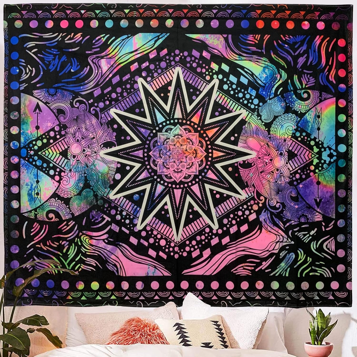 Hippie Mandala Tapestry Trippy Bohemian Tapestry Psychedelic Tapestry Wall Hanging Sun and Moon Tapestry Wall Decor Purple Blacklight Tapestry for Bedroom (50"X60")