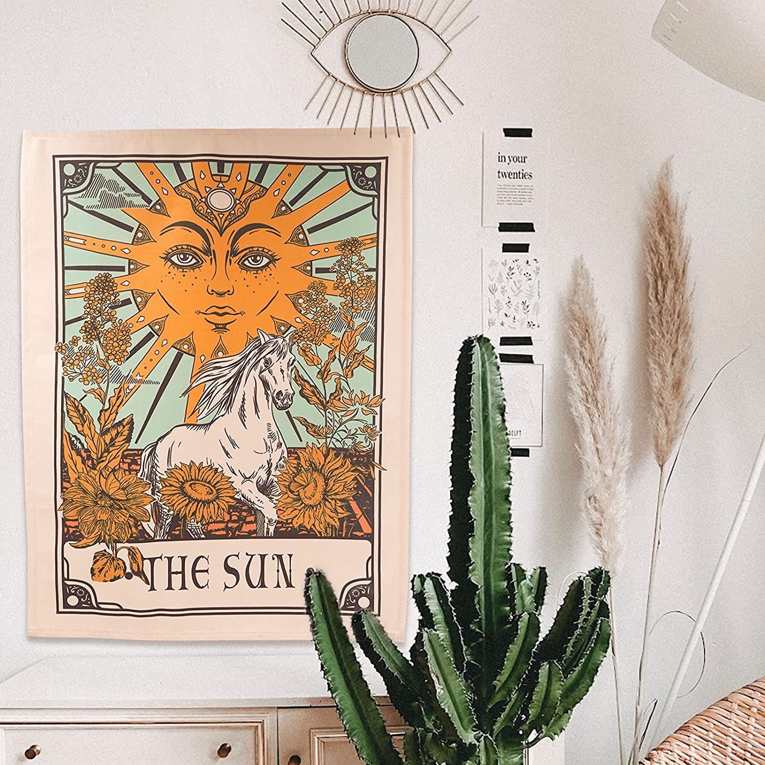 3 Pack Sun Moon and Star Tarot Card Tapestry, Brown and Beige Wall Hanging, Vertical Vintage Aesthetic for Room (Brown, 15'' 20'')