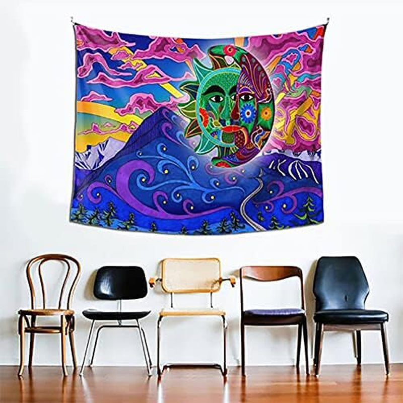 Purple Wall Hanging Tapestry Aesthetic for Bedroom Decor Indie Tapestry Sun and Moon Trippy Tapestry for Room Decor Mountain Cloud Sunrise Small Tapesty 59X51 Inch, 59 X 51 In