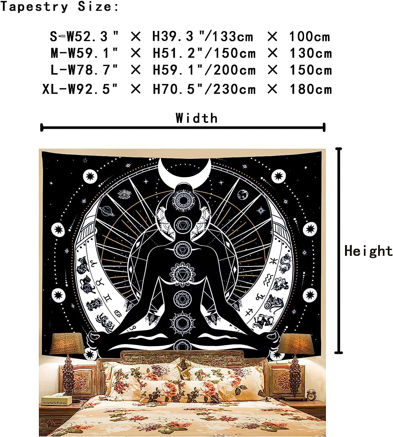 Chakra Tapestry Black and White Sun Moon Tapestry Psychedelic Meditation Yoga Tapestry Mystic Constellation and Stars Tapestry Wall Hanging for Living Room