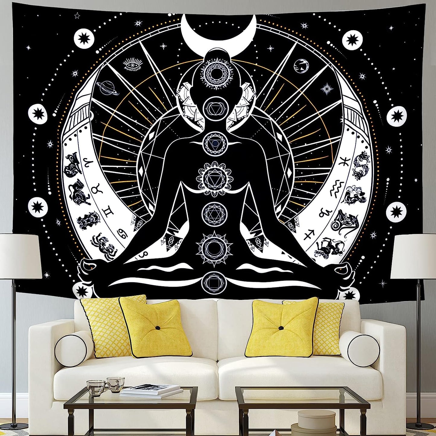 Chakra Tapestry Black and White Sun Moon Tapestry Psychedelic Meditation Yoga Tapestry Mystic Constellation and Stars Tapestry Wall Hanging for Living Room