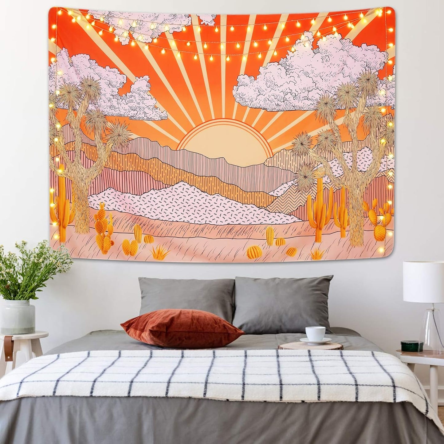 Birsppy Mountain Tapestry Sunset Tapestry Desert Cactus Tapestry Nature Landscape Tapestries Tree Plant Tapestry Wall Hanging for Room (59.1 X 82.7 Inches)