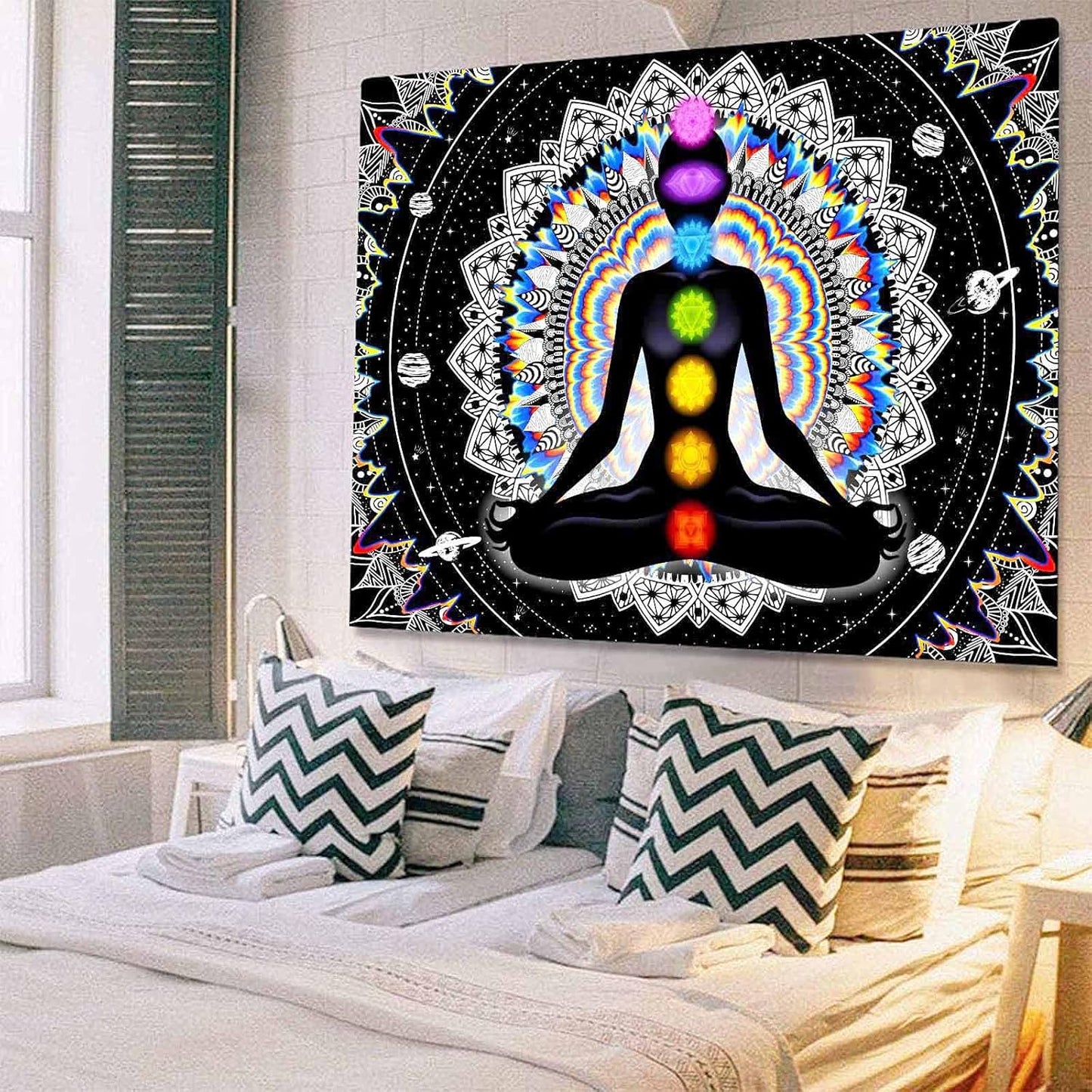 Seven Chakra Tapestry Mandala Tapestry Trippy Black and White Tapestry Celestial Space Tapestry Boho Yoga Meditation Wall Hanging Tapestry for Bedroom Home Decor (H59.1 X W82.7)