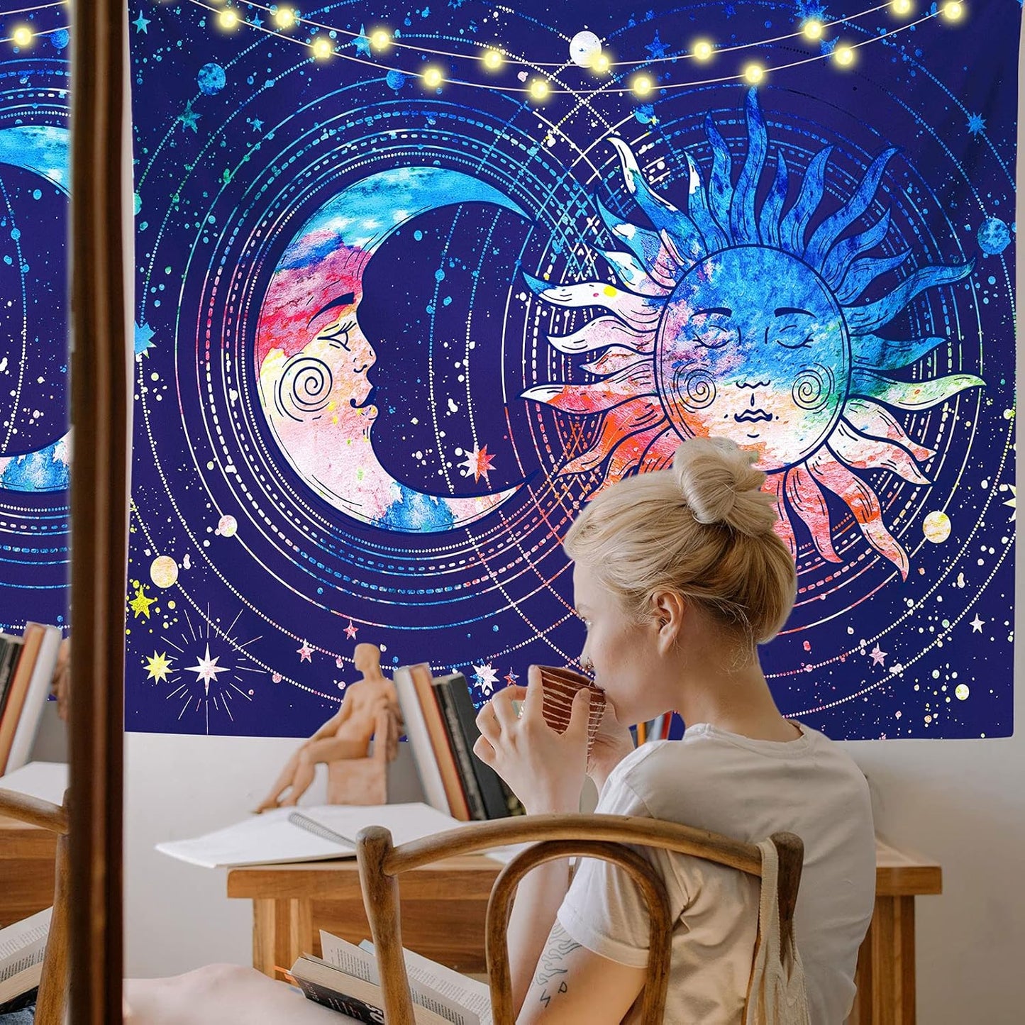 Sun and Moon Tapestry Blue Tapestry Constellation Astrology Tapestry Psychedelic Mystic Tapestry Wall Hanging Nature Home Decorations for Bedroom Dorm Room (51.2X59.1 Inches,130X150 Cm)