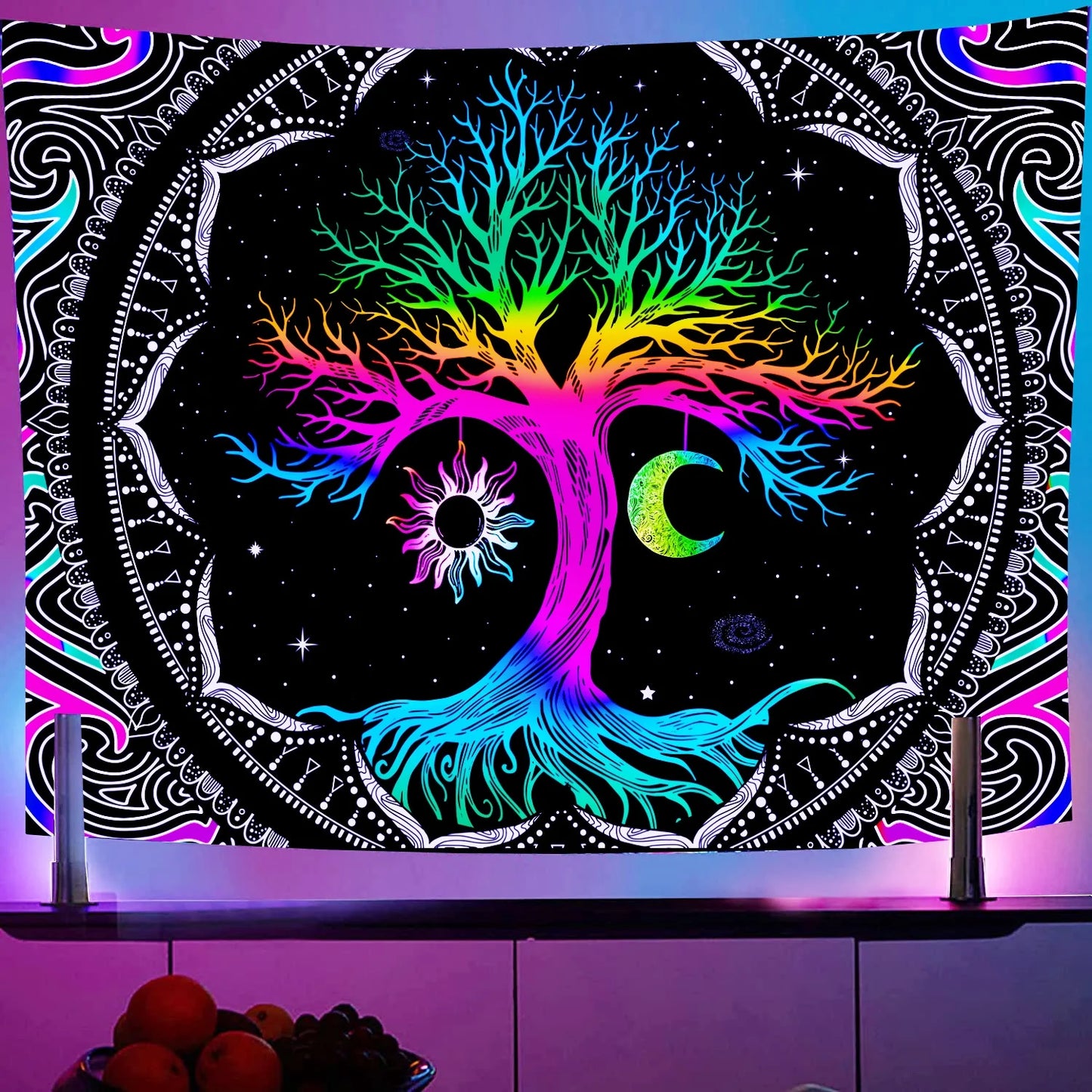 Tree of Life Tapestry Hippie Wall Tapestry Mandala Black Light Tapestries for Livingroom Bedroom,59"X51"