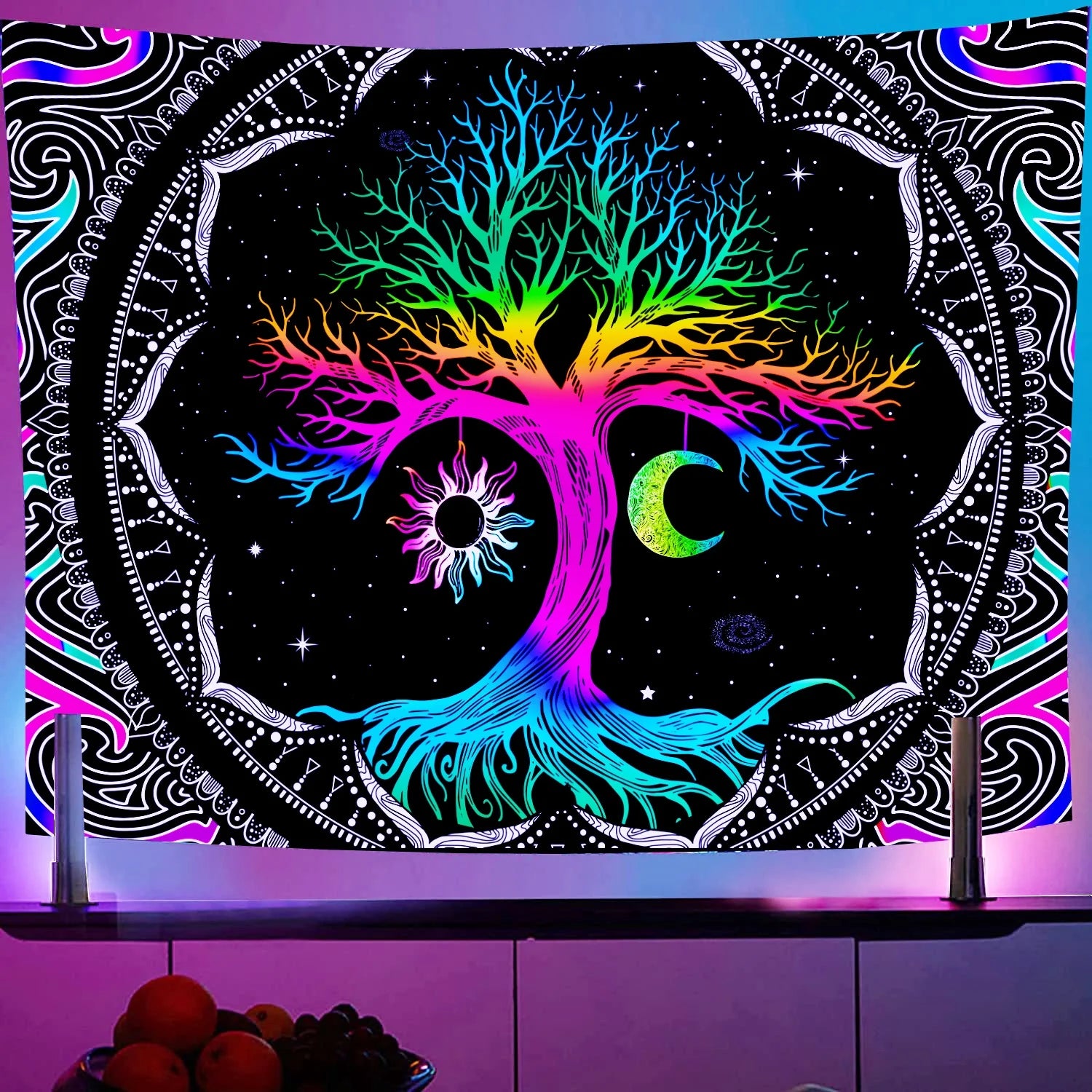 Tree of Life Tapestry Hippie Wall Tapestry Mandala Black Light Tapestries for Livingroom Bedroom,59"X51"