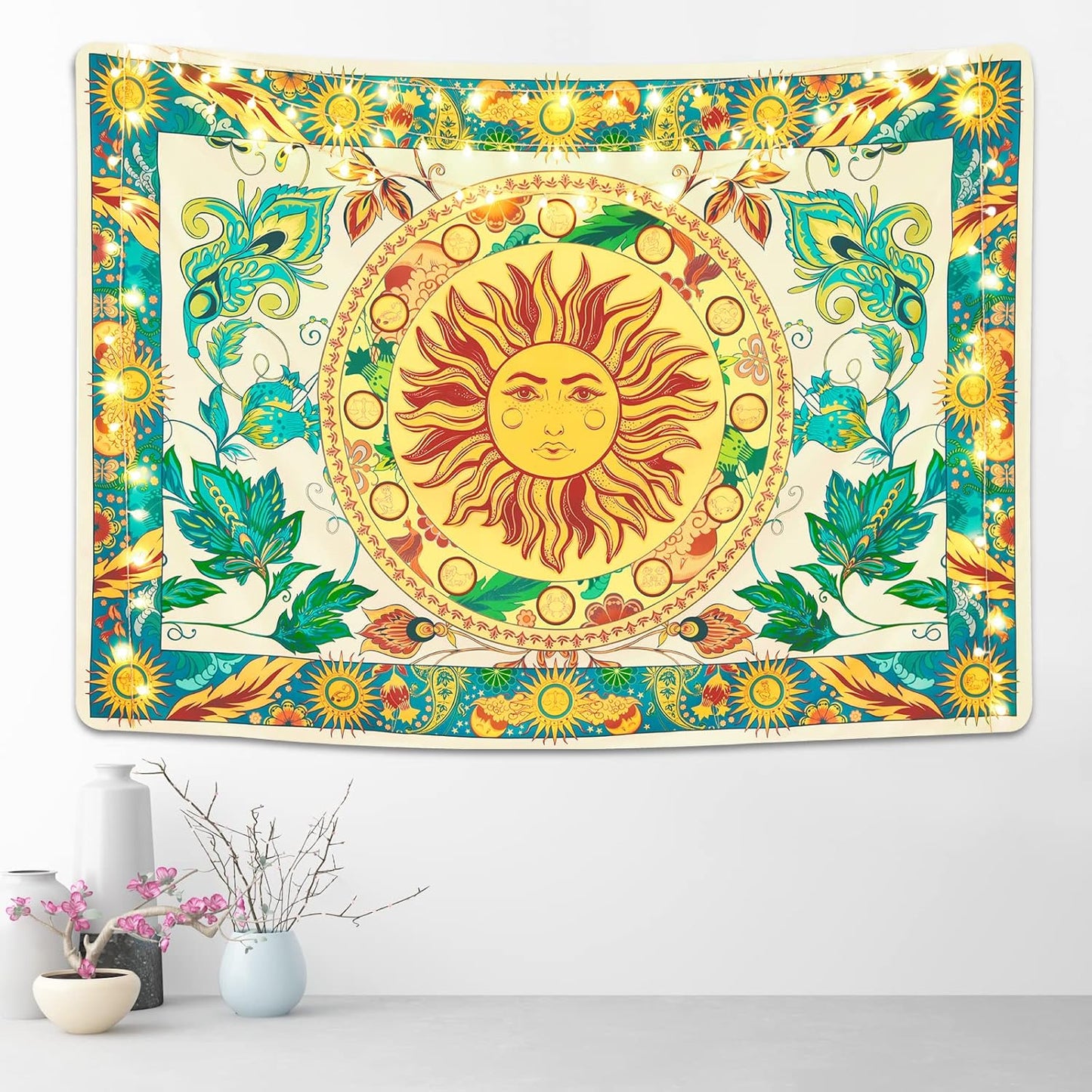 Lyacmy Burning Sun Tapestry Flower Vines Tapestries Vintage Floral Tapestry Mystic Tapestry Hippie Tapestry Wall Hanging for Room (Green, 51.2 X 59.1 Inches)
