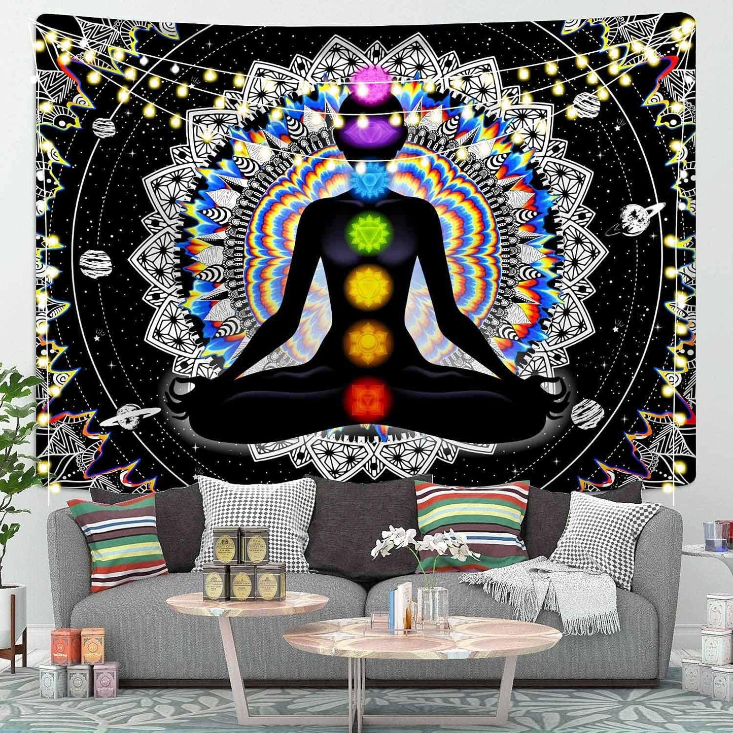 Seven Chakra Tapestry Mandala Tapestry Trippy Black and White Tapestry Celestial Space Tapestry Boho Yoga Meditation Wall Hanging Tapestry for Bedroom Home Decor (H59.1 X W82.7)