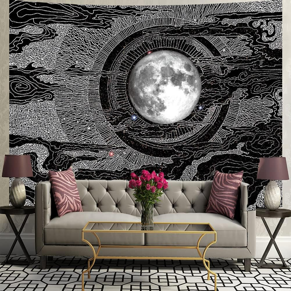 Moon Glow Tapestry Wall Hanging, Black Wall Tapestry for Bedroom Full Moon between the Clouds Black 80" * 60"