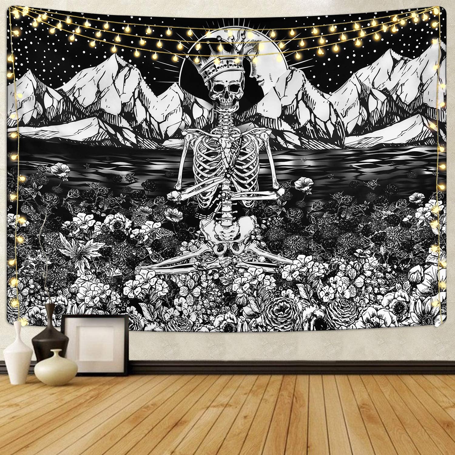 Lyacmy Skull Tapestry Meditation Skeleton Tapestry Flower Tapestry Mountain Tapestry Moon and Star Tapestry Starry Night Sky Tapestry Black and White Tarot Tapestry for Room (51.2 X 59.1 Inches)