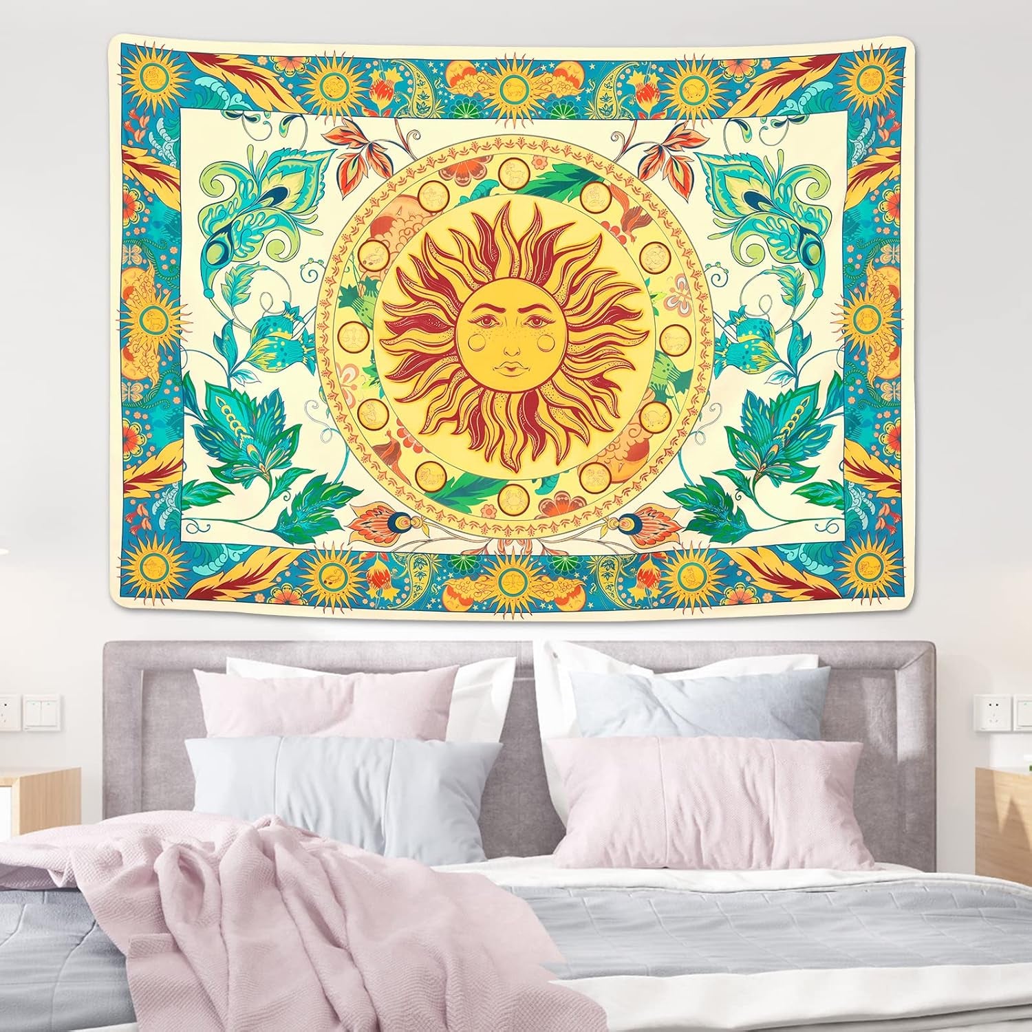 Lyacmy Burning Sun Tapestry Flower Vines Tapestries Vintage Floral Tapestry Mystic Tapestry Hippie Tapestry Wall Hanging for Room (Green, 51.2 X 59.1 Inches)