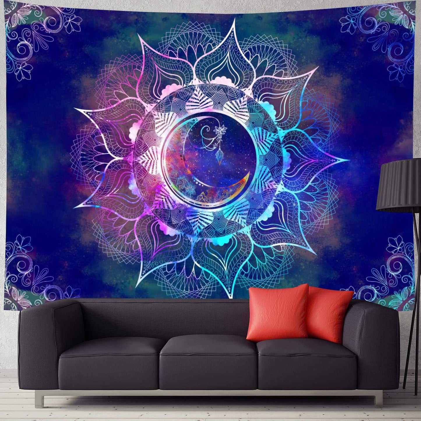 Mandala Tapestry Blue Starry Sky and Moon Tapestry Indian Tapestry Bohemian Tapestry Mandala Floral Tapestry Wall Hanging for Bedroom Dorm Decor