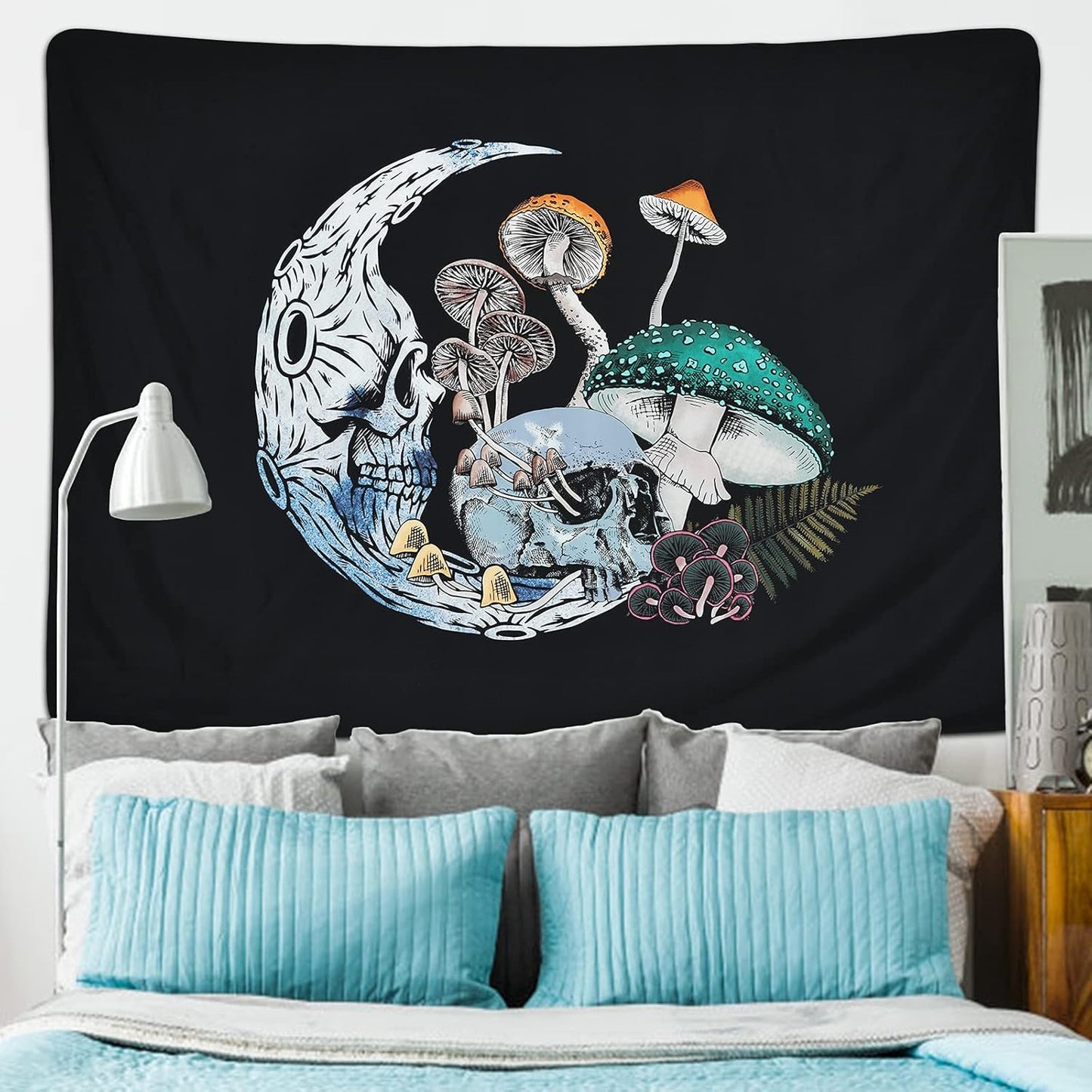 Skull Moon Tapestry Mushroom Tapestry Colorful Mushroom Tapestry Skeleton Tapestry Fugus Black Background Tapestry for Room (51.2 X 59.1 Inches)