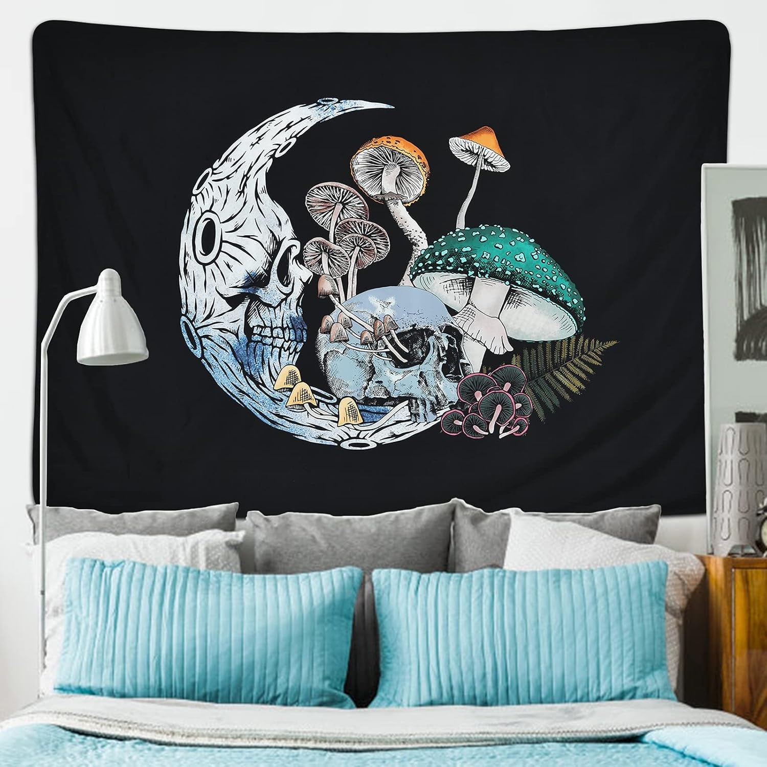 Skull Moon Tapestry Mushroom Tapestry Colorful Mushroom Tapestry Skeleton Tapestry Fugus Black Background Tapestry for Room (51.2 X 59.1 Inches)