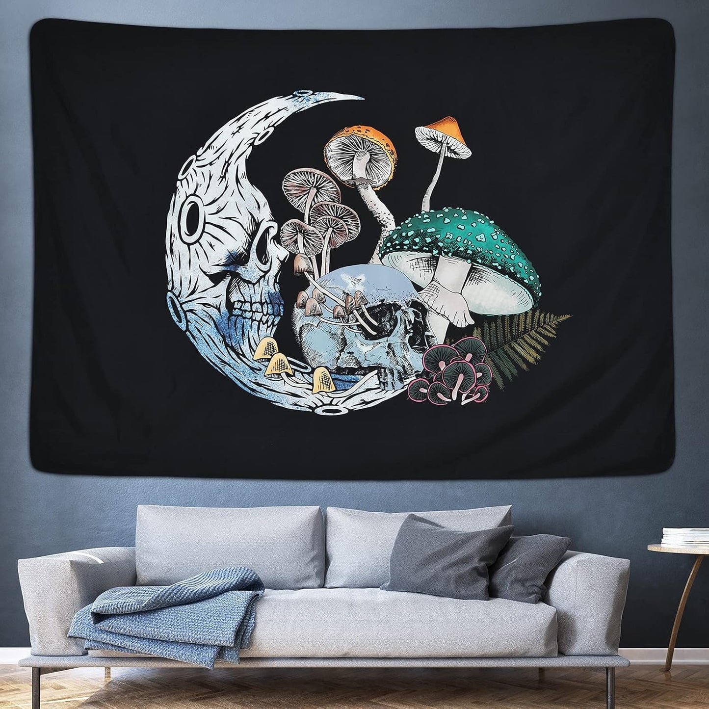 Skull Moon Tapestry Mushroom Tapestry Colorful Mushroom Tapestry Skeleton Tapestry Fugus Black Background Tapestry for Room (51.2 X 59.1 Inches)
