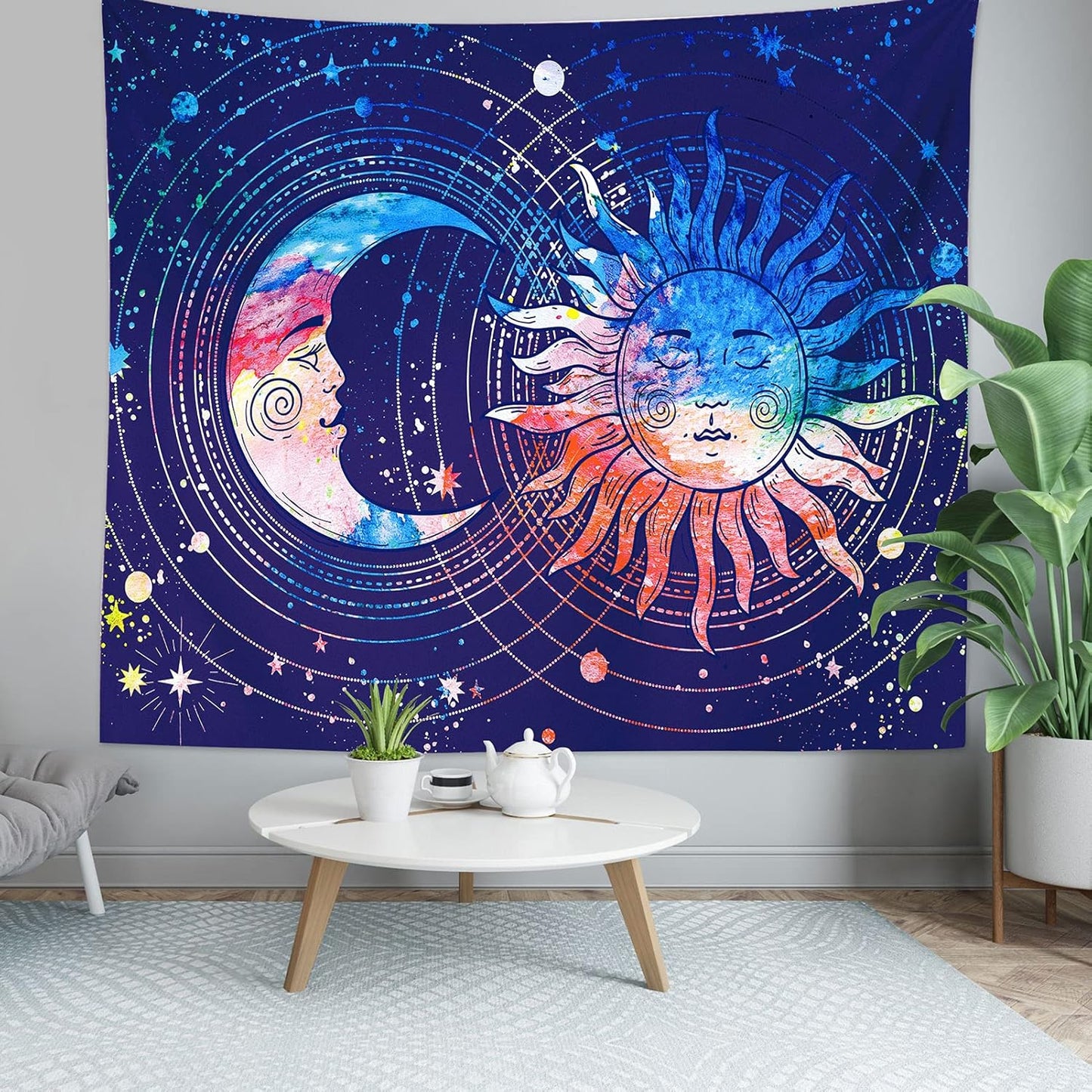 Sun and Moon Tapestry Blue Tapestry Constellation Astrology Tapestry Psychedelic Mystic Tapestry Wall Hanging Nature Home Decorations for Bedroom Dorm Room (51.2X59.1 Inches,130X150 Cm)
