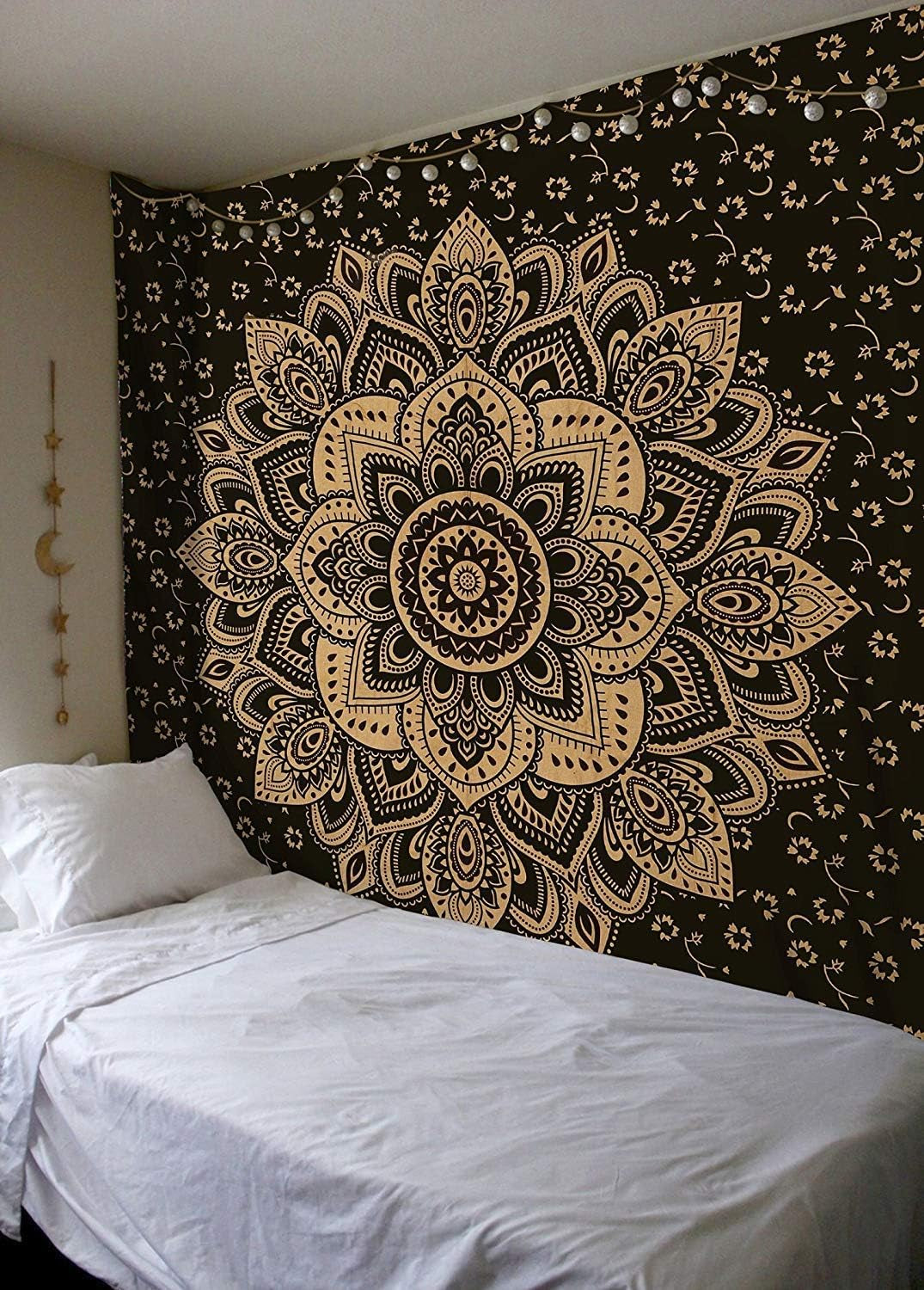 Mandala Tapestry Cotton | Indian Hippie Dorm Bohemian Psychedelic Peacock Mandala | Wall Hanging, Beach Throw, Bedsheet, Table Cover, Yoga Mat | Queen (Black-Gold, 84 X 90 Inch)