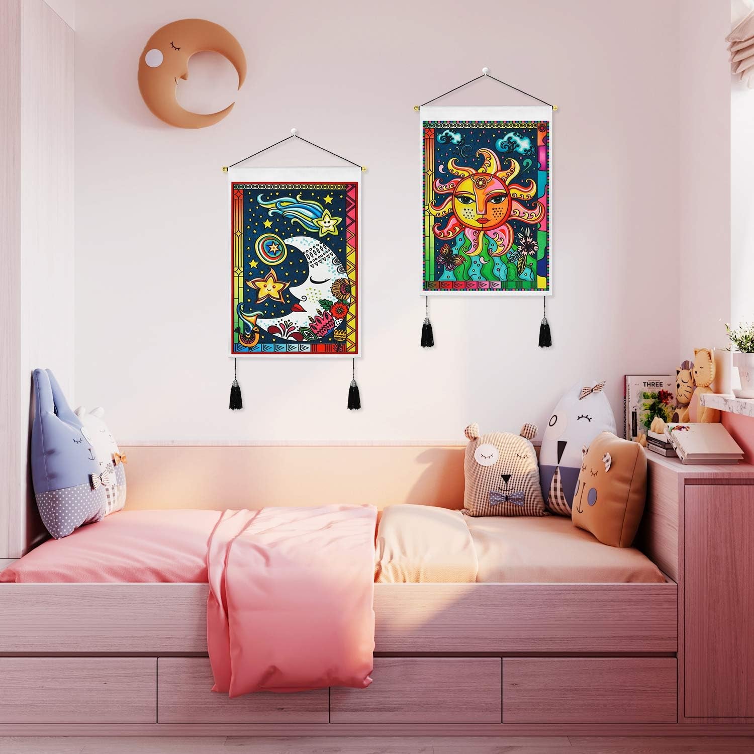 Pack of 2 Tapestry Sun and Moon Tapestry Burning Sun Tapestries Stars and Moon Tapestry Floral Tapestry Wall Hanging for Room (13.8 X 19.7 Inches)