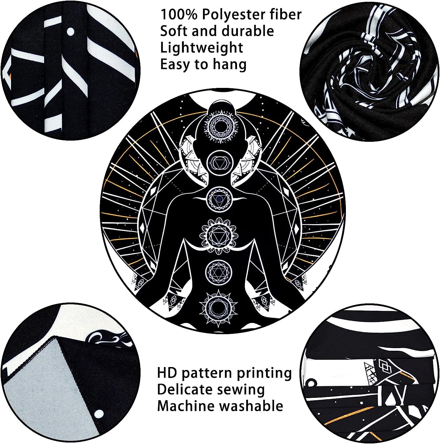 Chakra Tapestry Black and White Sun Moon Tapestry Psychedelic Meditation Yoga Tapestry Mystic Constellation and Stars Tapestry Wall Hanging for Living Room