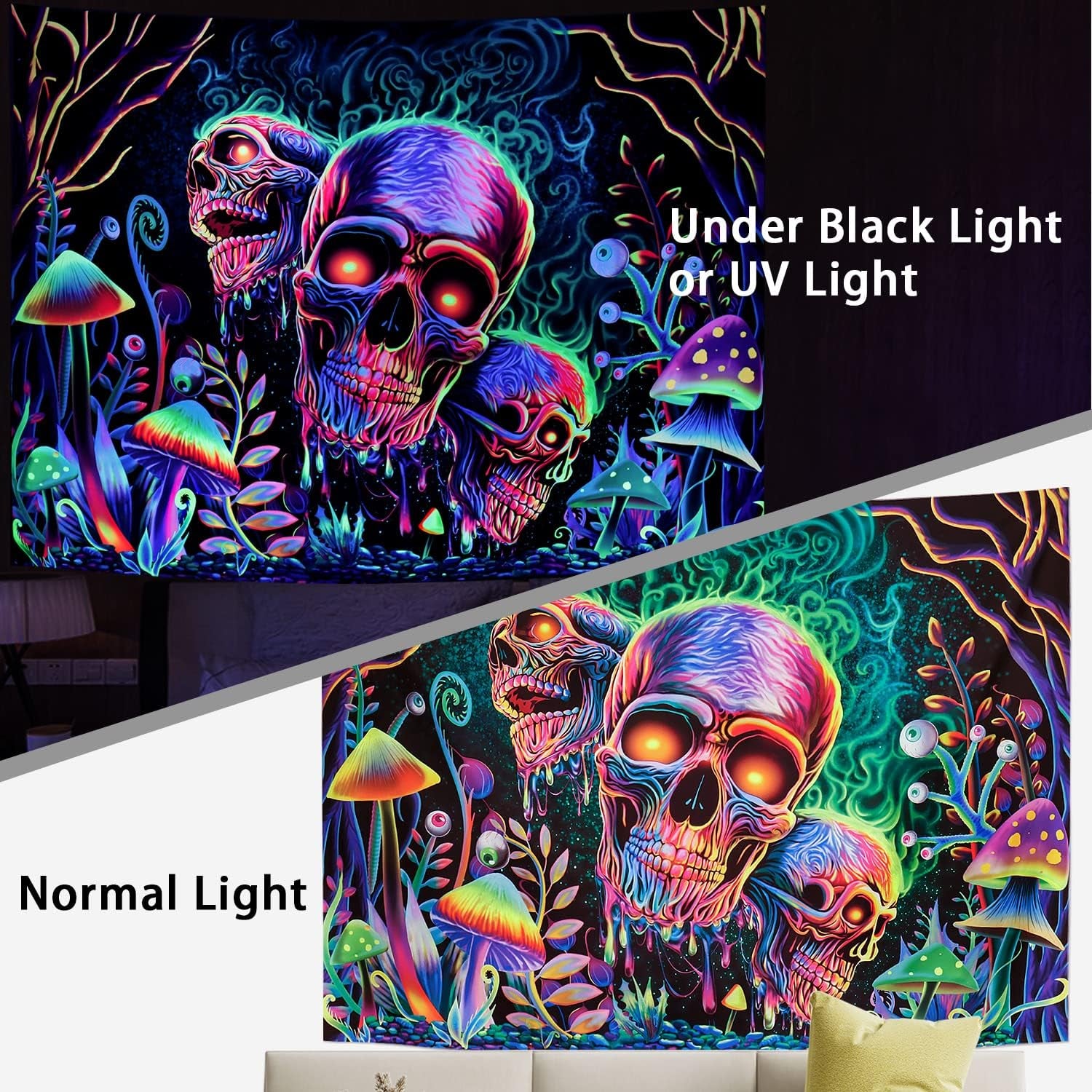 Blacklight Skull Tapestry Trippy Skeleton Wall Tapestry UV Reactive Neon Plants