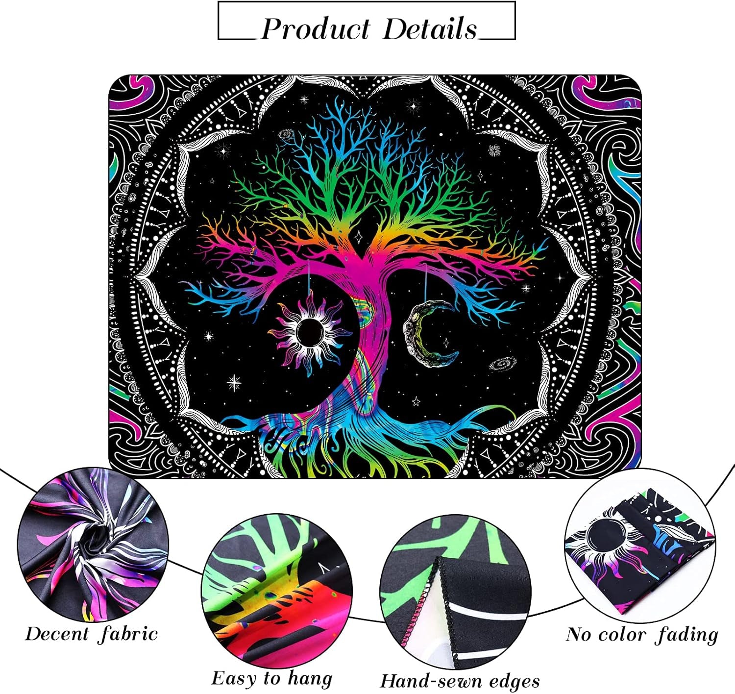 Tree of Life Tapestry Trippy Mandala Wall Tapestry Hippie Moon and Sun Tapestry Black Galaxy Stars Space Tapestry Colorful Boho Aesthetic Tapestry for Bedroom Living Room (M-W59.1" × H51.2)