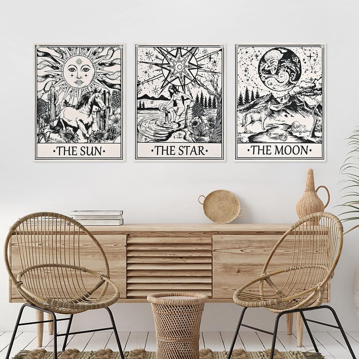 Pack of 3 Tarot Card Tapestry Tarot Flag Tapestry the Sun the Star the Moon Tarot Tapestry Vertical Medieval Tarot Tapestries Wall Hanging for Room with Seamless Nails(11.8 X 15.7 Inches)