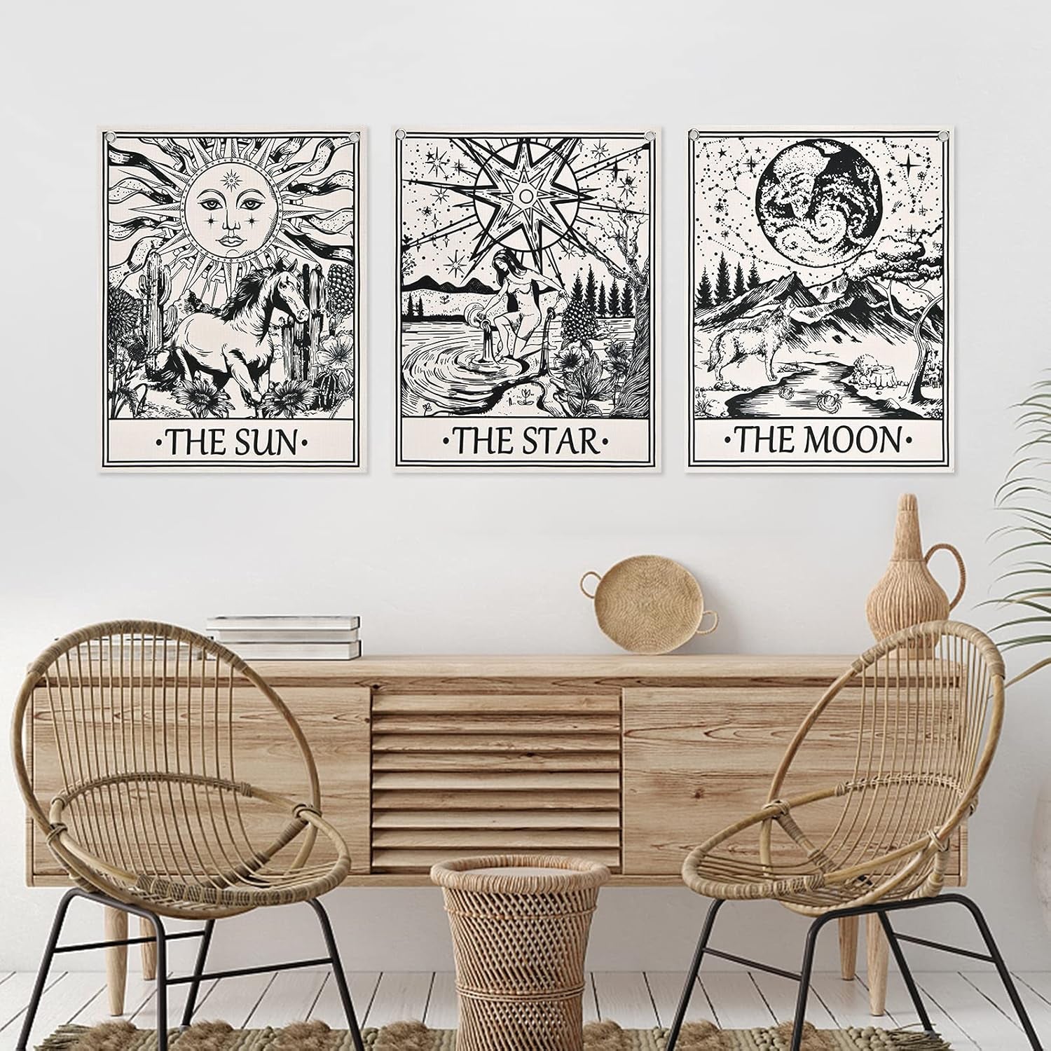 Pack of 3 Tarot Card Tapestry Tarot Flag Tapestry the Sun the Star the Moon Tarot Tapestry Vertical Medieval Tarot Tapestries Wall Hanging for Room with Seamless Nails(11.8 X 15.7 Inches)