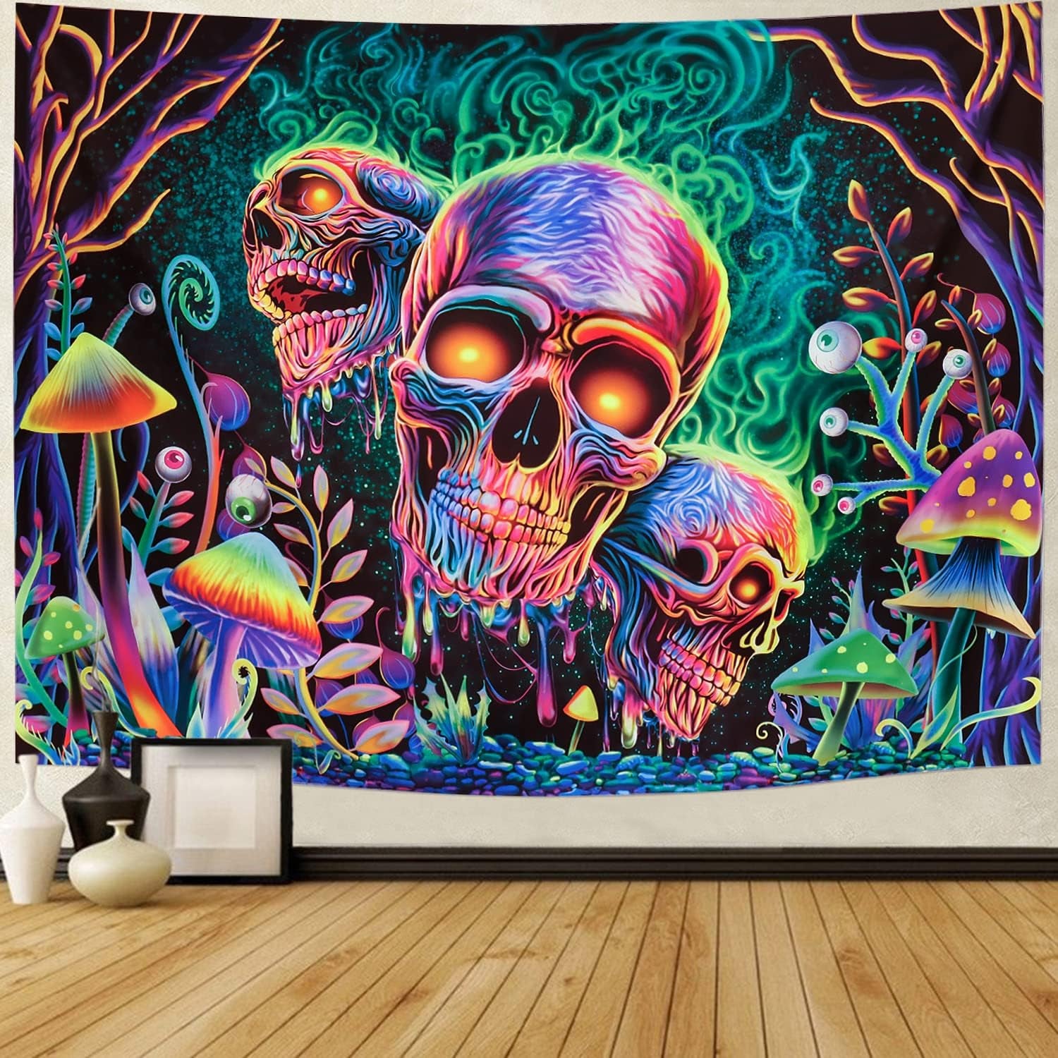 Blacklight Skull Tapestry Trippy Skeleton Wall Tapestry UV Reactive Neon Plants