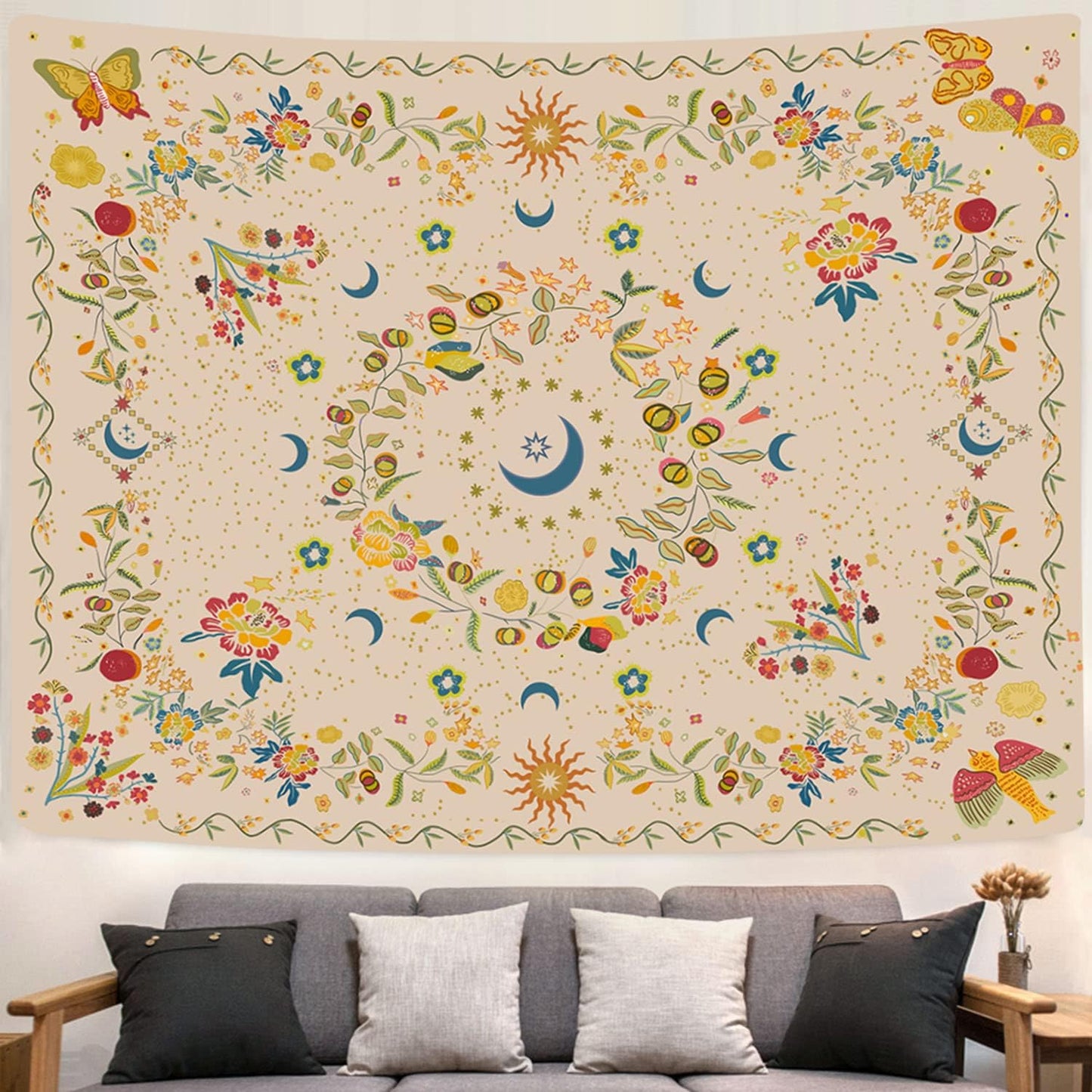 Wall Tapestry - Bohemian Floral Vine Wall Hanging Celestial Sun Moon and Star Tapestry for Hippie Home Decor - Bedroom Aesthetic (Butterfly Beige, Medium (50X 60))