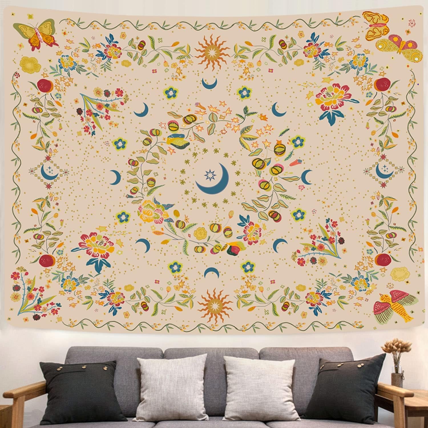 Wall Tapestry - Bohemian Floral Vine Wall Hanging Celestial Sun Moon and Star Tapestry for Hippie Home Decor - Bedroom Aesthetic (Butterfly Beige, Medium (50X 60))