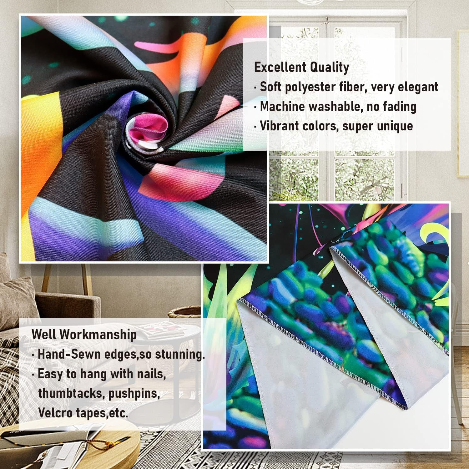 Blacklight Skull Tapestry Trippy Skeleton Wall Tapestry UV Reactive Neon Plants