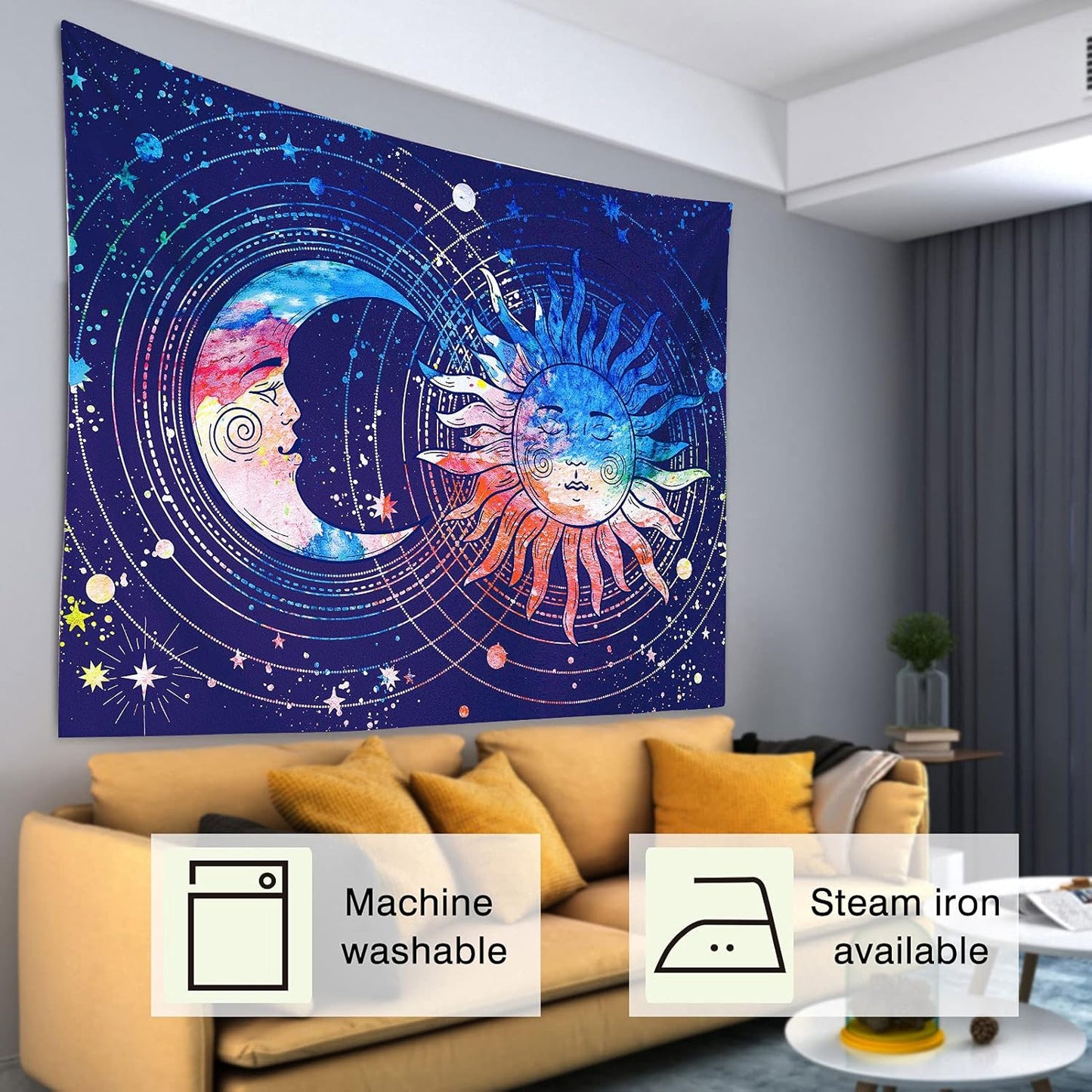 Sun and Moon Tapestry Blue Tapestry Constellation Astrology Tapestry Psychedelic Mystic Tapestry Wall Hanging Nature Home Decorations for Bedroom Dorm Room (51.2X59.1 Inches,130X150 Cm)