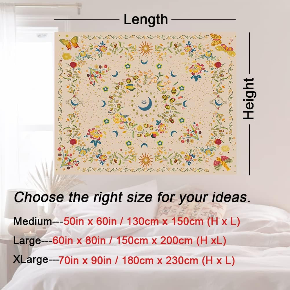 Wall Tapestry - Bohemian Floral Vine Wall Hanging Celestial Sun Moon and Star Tapestry for Hippie Home Decor - Bedroom Aesthetic (Butterfly Beige, Medium (50X 60))
