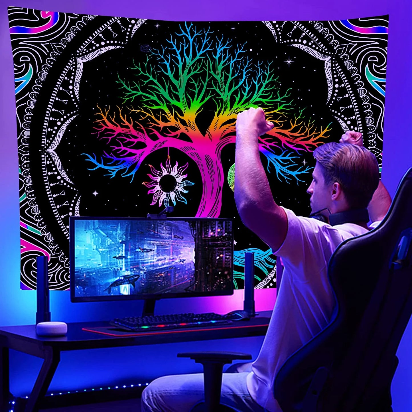 Tree of Life Tapestry Hippie Wall Tapestry Mandala Black Light Tapestries for Livingroom Bedroom,59"X51"