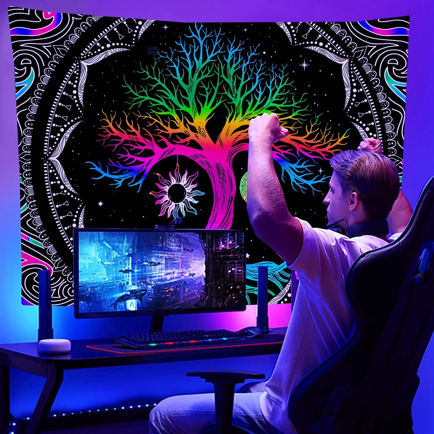 Tree of Life Tapestry Hippie Wall Tapestry Mandala Black Light Tapestries for Livingroom Bedroom,59"X51"